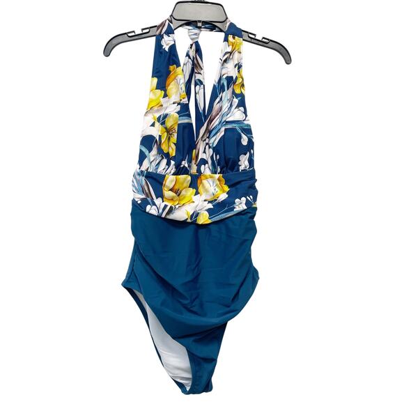Cupshe Women's Ruched Halter Tummy Control Blue One Piece Swimsuit Teal Large - Picture 1 of 7